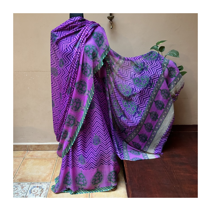 Sárí viskóza růžová-fialová-zelená