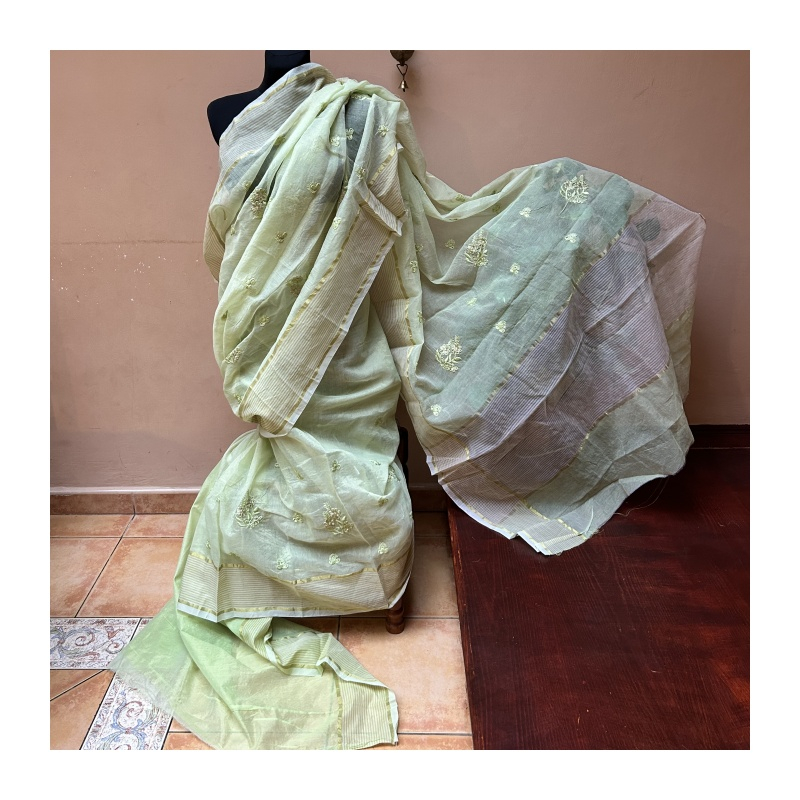 Sárí viskóza zelenkavé s látkou na čolí