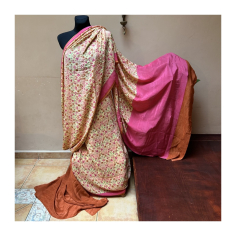 Sárí hedvábné žlutá-meruňková-růžová s látkou na čolí