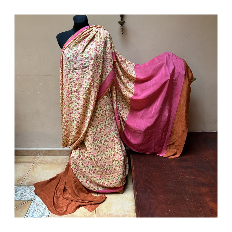 Sárí hedvábné žlutá-meruňková-růžová s látkou na čolí