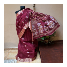 Sárí bavlna tkaný vzor bordó-zlatá