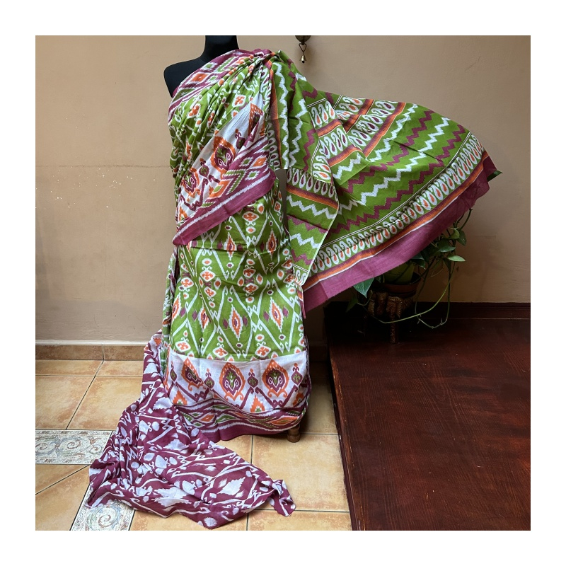 Sárí ruční tisk bordó-zelená-oranžová s látkou na čolí