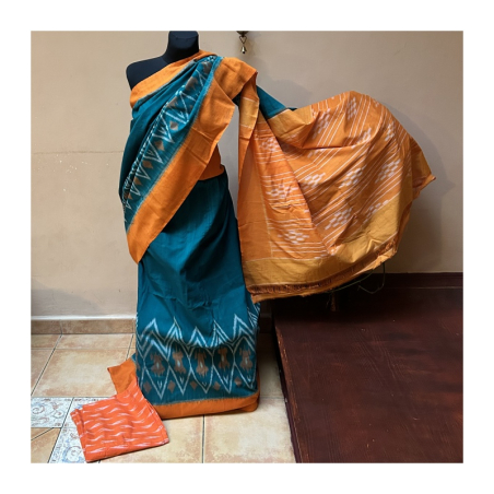 Sárí bavlna ruční tisk zelená-oranžová s látkou na čolí