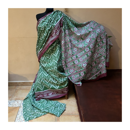 Sárí bavlna ruční tisk bordó-zelená s látkou na čolí