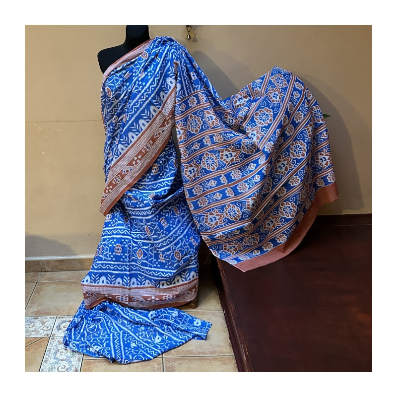 Sárí bavlna ruční tisk modrá-bílá-oranžová s látkou na čolí