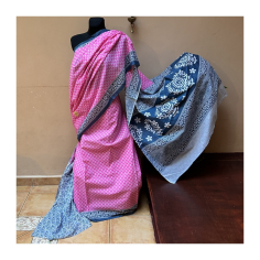 Sárí bavlna ruční tisk růžová-modrá-bílá s látkou na čolí