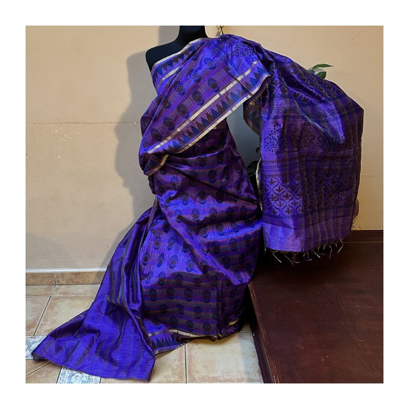 Sárí viskóza fialová-zlatá-tm. modrá s látkou na čolí