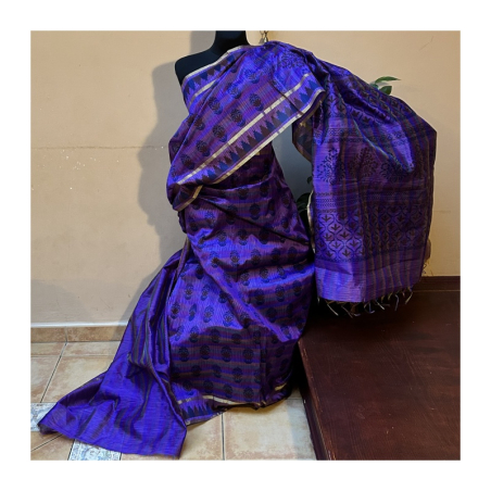 Sárí viskóza fialová-zlatá-tm. modrá s látkou na čolí