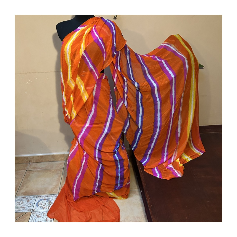 Sárí viskóza oranžová-žlutá-fialová s látkou na čolí