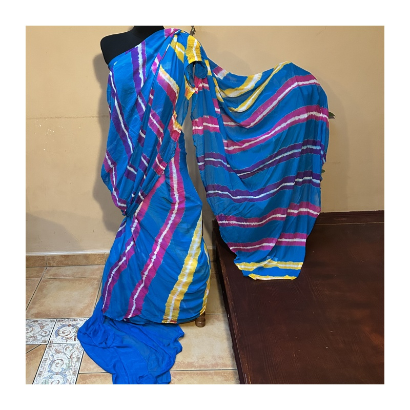 Sárí viskóza modrá-žlutá-fialová s látkou na čolí