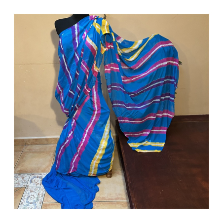 Sárí viskóza modrá-žlutá-fialová s látkou na čolí