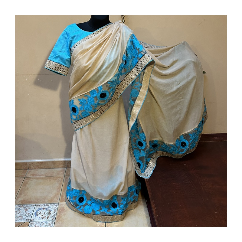 Sárí viskóza béžová-modrá s blúzkou/čolí