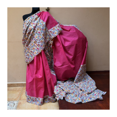 Sárí bavlna růžová-žlutá-modrá s látkou na čolí