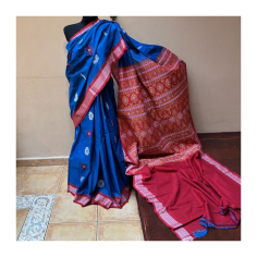 Sárí bavlna modrá-červená-žlutá stroj. výšivka s látkou na čolí