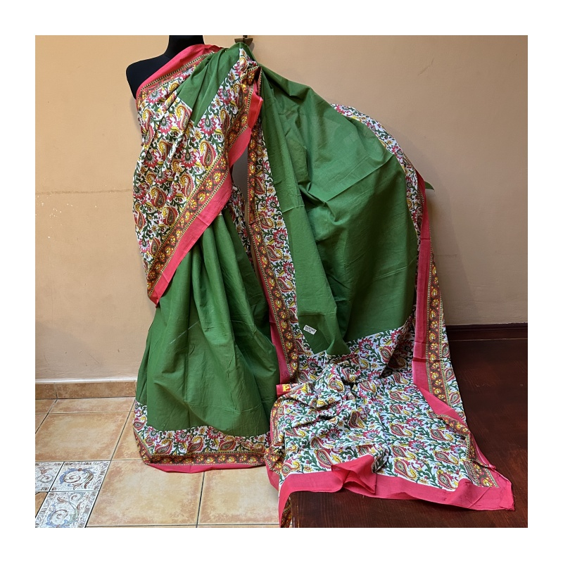 Sárí bavlna zelená-červená-žlutá s látkou na čolí