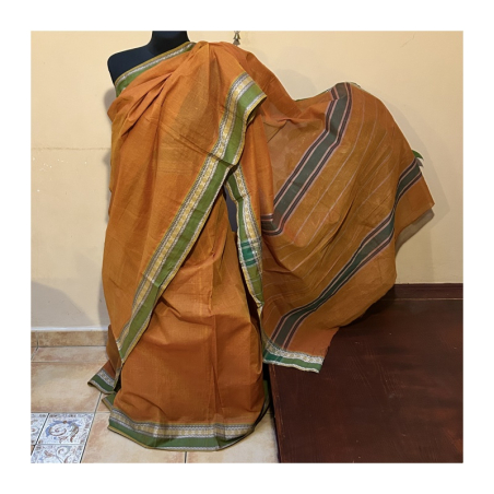 Sárí bavlna hořčicová-zelená s pruhy