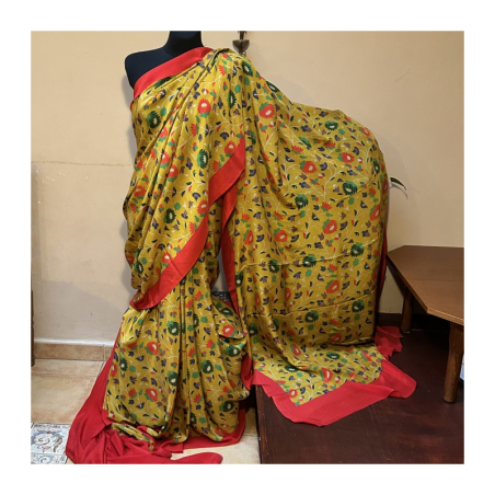 Sárí hedvábí hořčicová červená zelená, s látkou na čolí