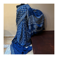 Sárí bavlna tmavě modrá-bílá s látkou na čolí