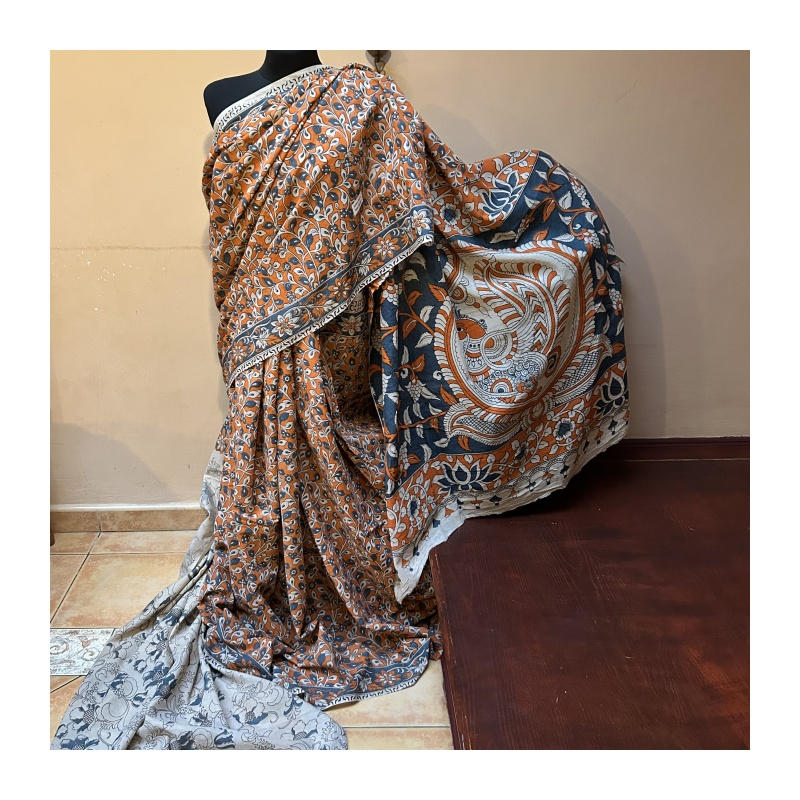 Sárí bavlna Kalamakari oranžová-pertolejová-béžová s látkou na čolí