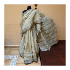 Sárí bavlna-polyester béžová-hnědá