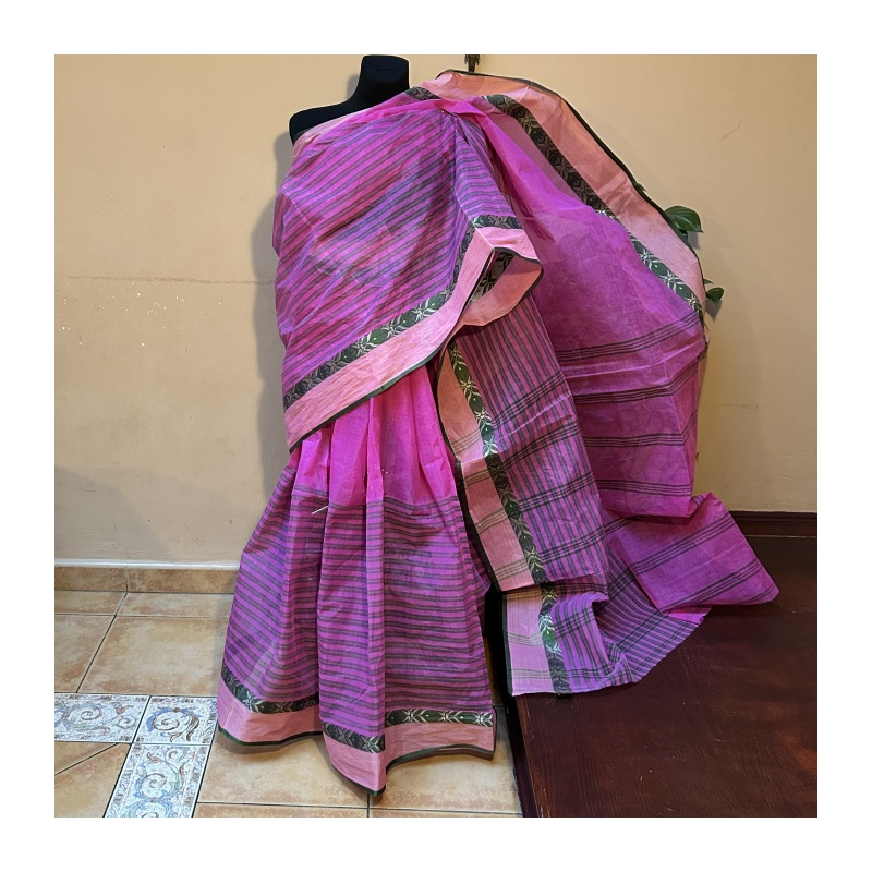 Sárí bavlna-polyester růžová-zelená