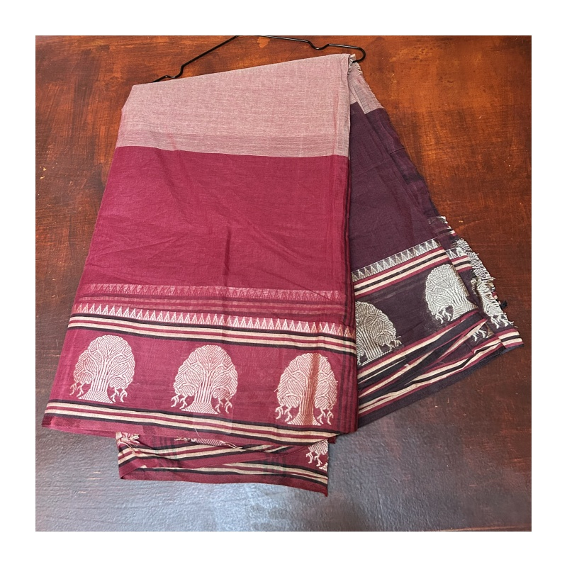 Sárí bavlna tkaný vzor, bordó / růžová / zelená