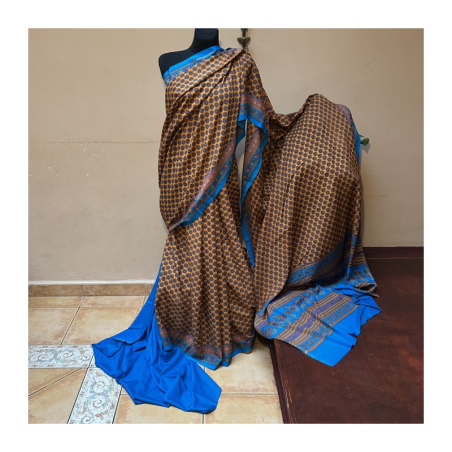 Sárí hedvábí krep oranžová-modrá s látkou na čolí