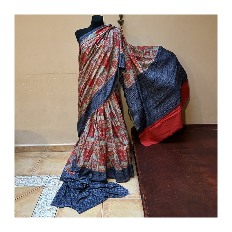 Sárí hedvábí krep červená-šedá s látkou na čolí