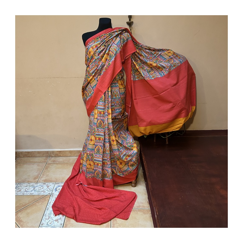 Sárí hedvábí krep červená-oranžová s látkou na čolí