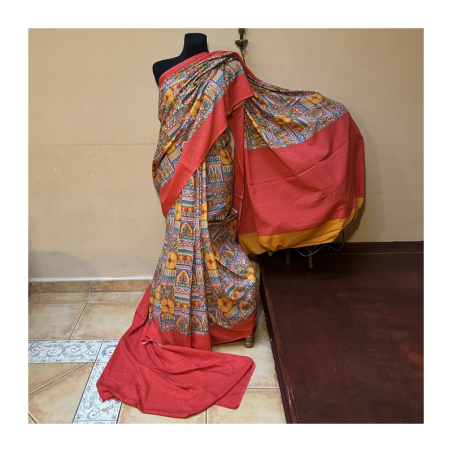 Sárí hedvábí krep červená-oranžová s látkou na čolí