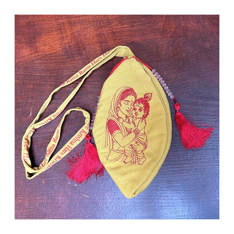 Japa pytlík vyšívaný hořčicový Krišna s Jašódou, vel. M, L