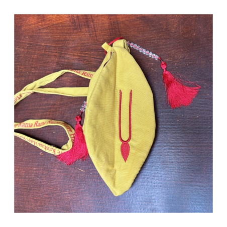 Japa pytlík vyšívaný hořčicový Krišna s Jašódou, vel. M, L