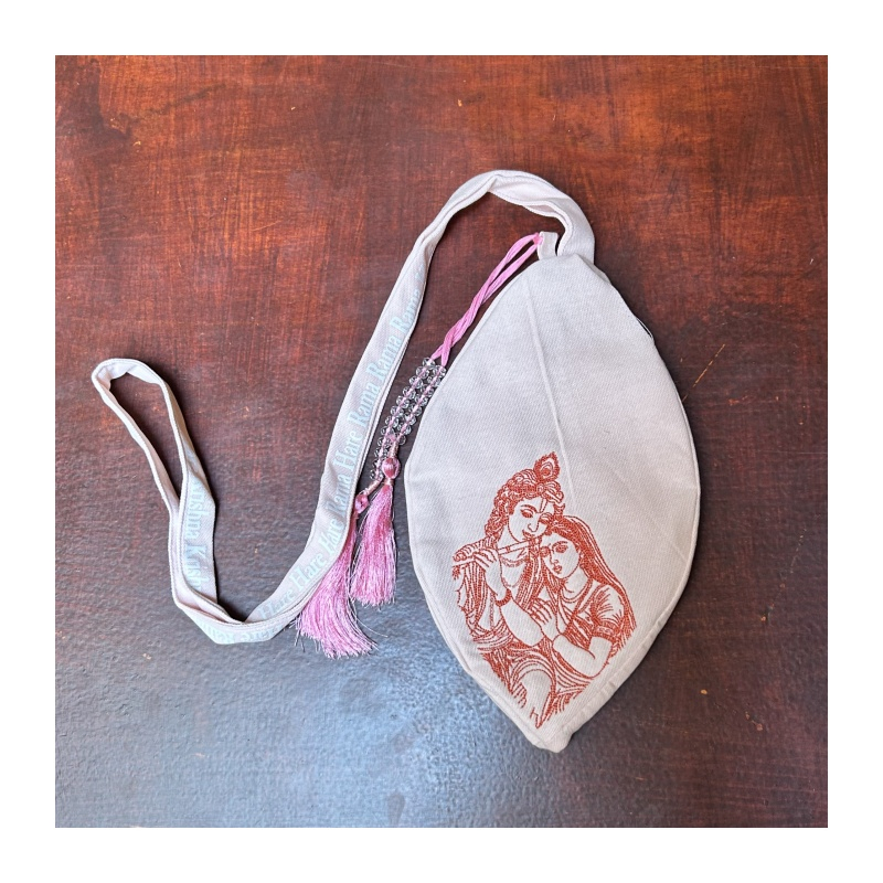 Japa pytlík vyšívaný růžový Krišna s Rádhou, vel. M, L