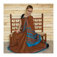 Sárí hedvábí krep oranžová-modrá s látkou na čolí 2