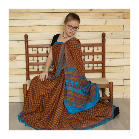 Sárí hedvábí krep oranžová-modrá s látkou na čolí