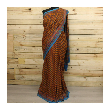 Sárí hedvábí krep oranžová-modrá s látkou na čolí