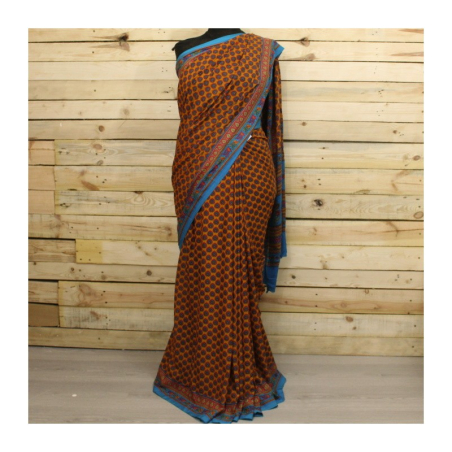 Sárí hedvábí krep oranžová-modrá s látkou na čolí