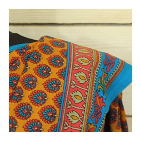 Sárí hedvábí krep oranžová-modrá s látkou na čolí