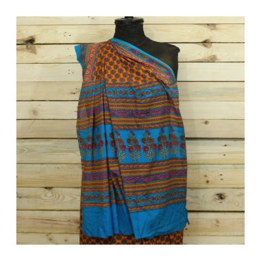 Sárí hedvábí krep oranžová-modrá s látkou na čolí