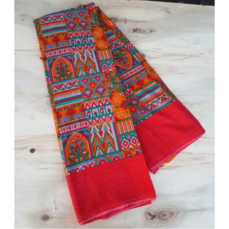 Sárí hedvábí krep červená-oranžová s látkou na čolí