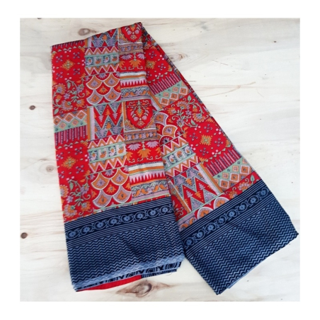 Sárí hedvábí krep červená-šedá s látkou na čolí