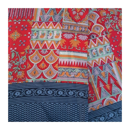 Sárí hedvábí krep červená-šedá s látkou na čolí