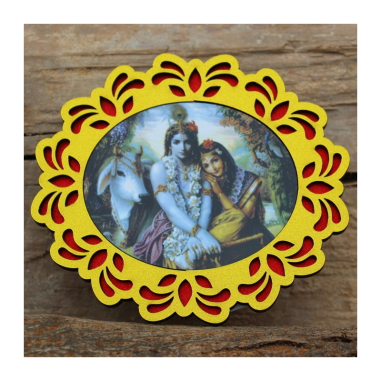 Dřevěná nálepka Krišna a Rádha s kravičkou